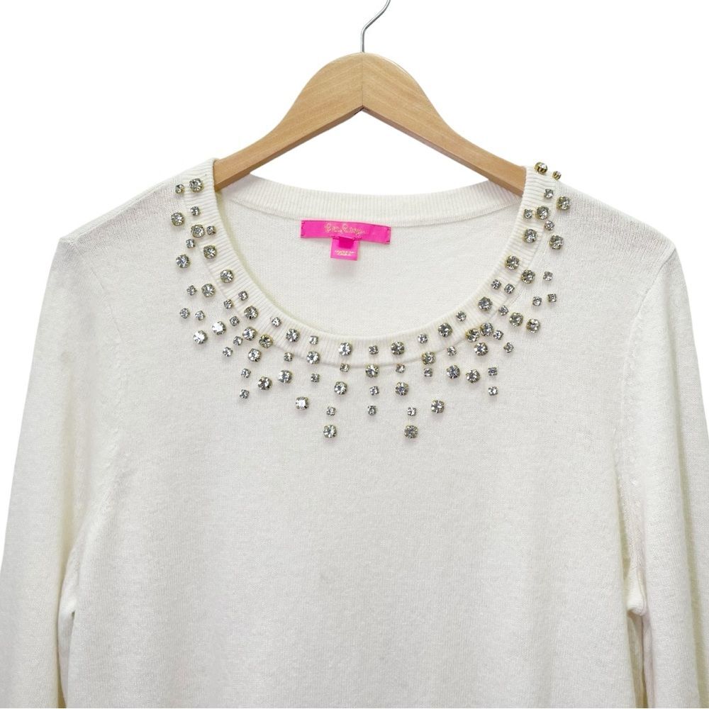 Lilly Pulitzer Coconut Odetta Sweater Wool Blend Rhinestone Neckline Size Large - Picture 7 of 13